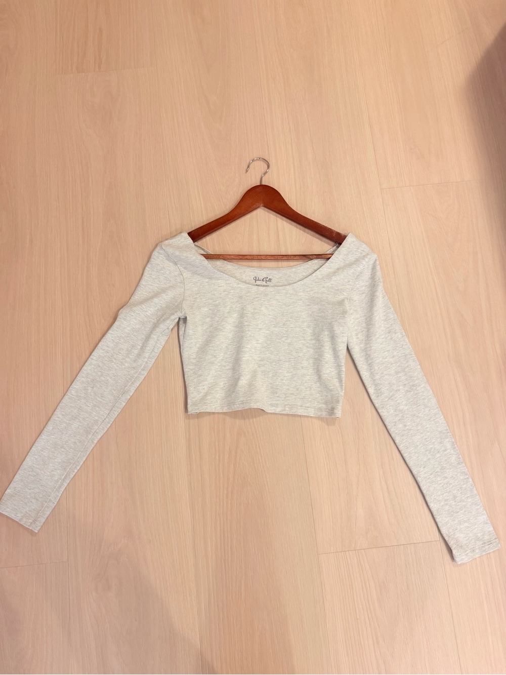 Brandy Melville Light Gray Off-Shoulder Cropped Long Sleeve Top